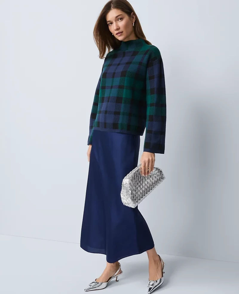 Ann Taylor Petite Plaid Mock Neck Sweater Rainforest Women's