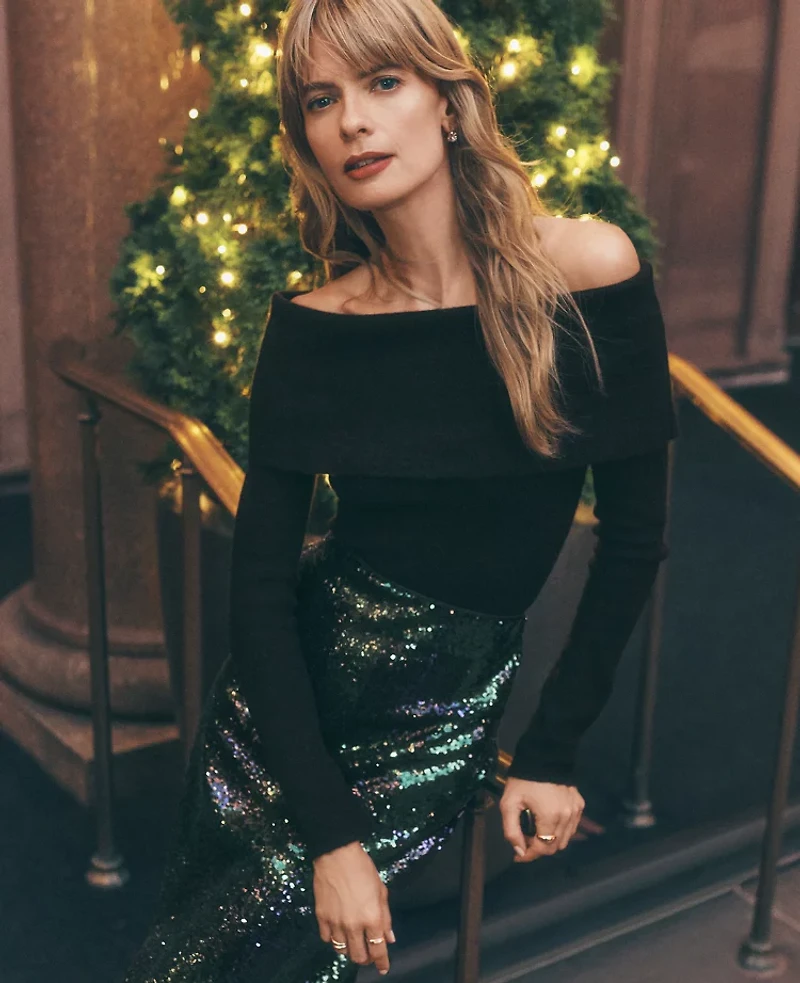 Ann Taylor Ribbed Off-The-Shoulder Sweater Black Women's