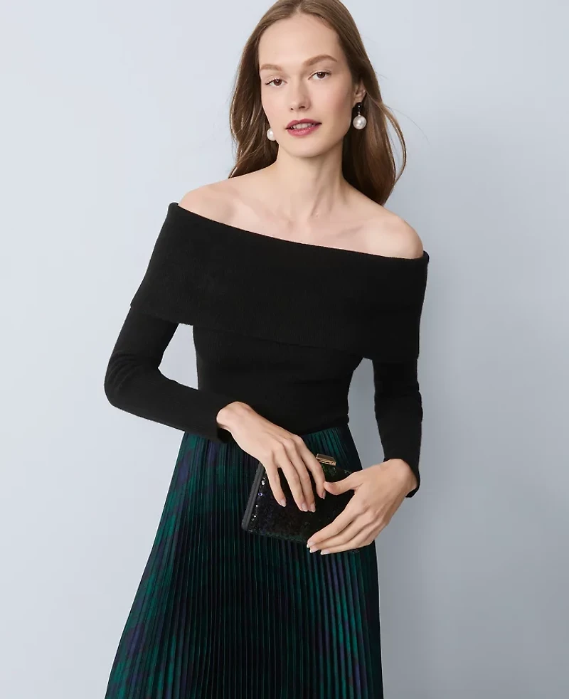 Ann Taylor Ribbed Off-The-Shoulder Sweater Black Women's