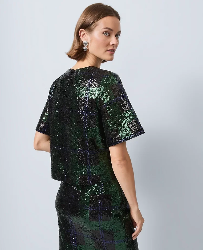 Ann Taylor Petite Sequin Plaid Blouse Black 1 Women's