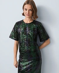 Ann Taylor Petite Sequin Plaid Blouse Black 1 Women's