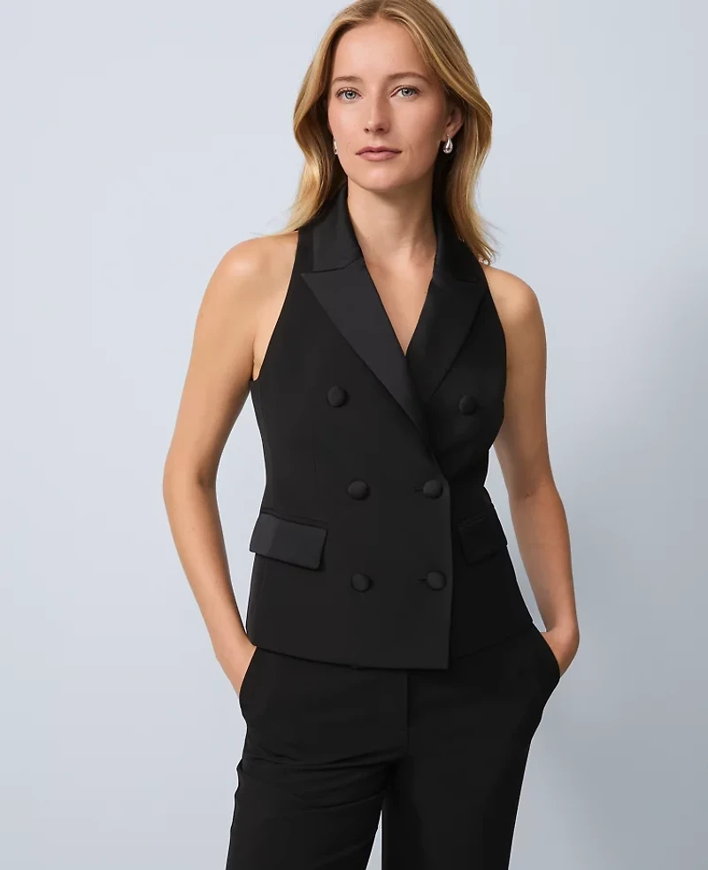 Ann Taylor The Petite Double Breasted Vest Crepe Black Women's
