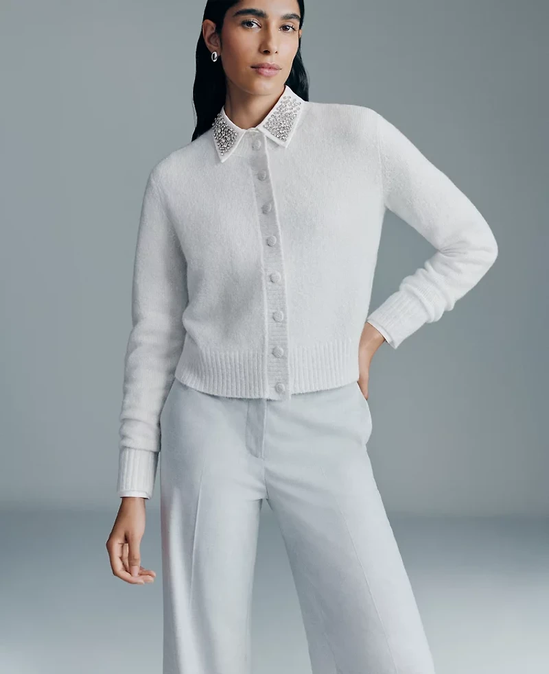 Ann Taylor Petite Shimmer Crew Neck Cardigan Winter White Women's