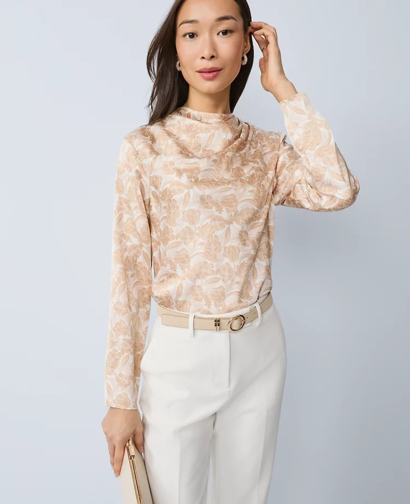 Ann Taylor Petite Floral Asymmetric Satin Top Cafe Au Lait Women's