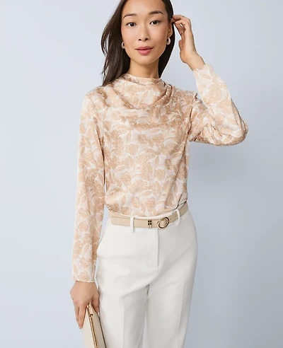 Ann Taylor Petite Floral Asymmetric Satin Top Cafe Au Lait Women's