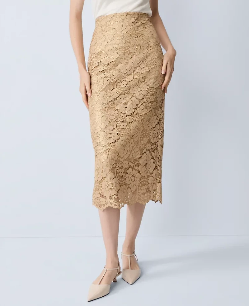 Ann Taylor Petite Lace Column Midi Skirt Gold Women's
