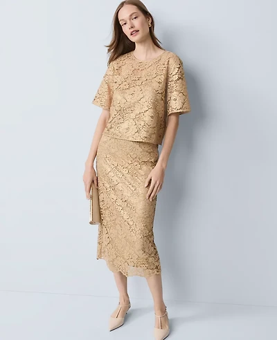 Ann Taylor Petite Lace Column Midi Skirt Gold Women's