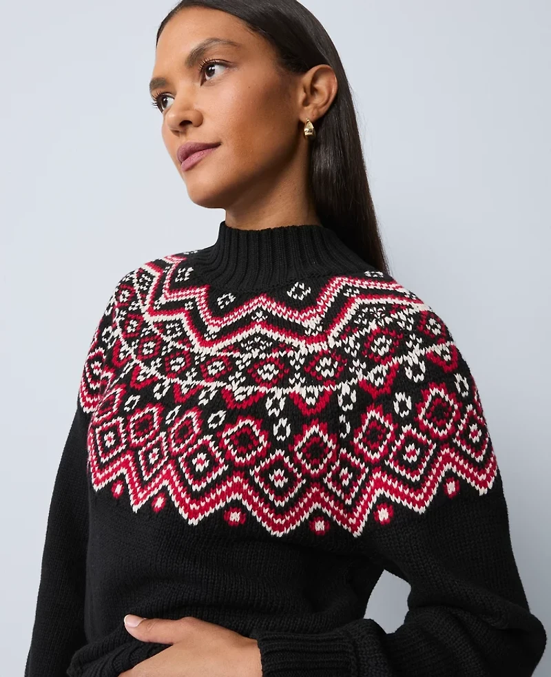 Ann Taylor Petite Weekend Collection Fair Isle Mock Neck Sweater Black Women's
