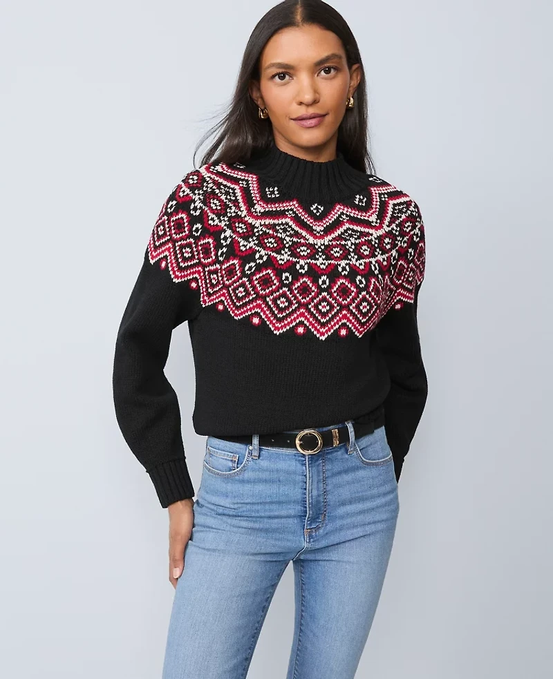 Ann Taylor Petite Weekend Collection Fair Isle Mock Neck Sweater Black Women's