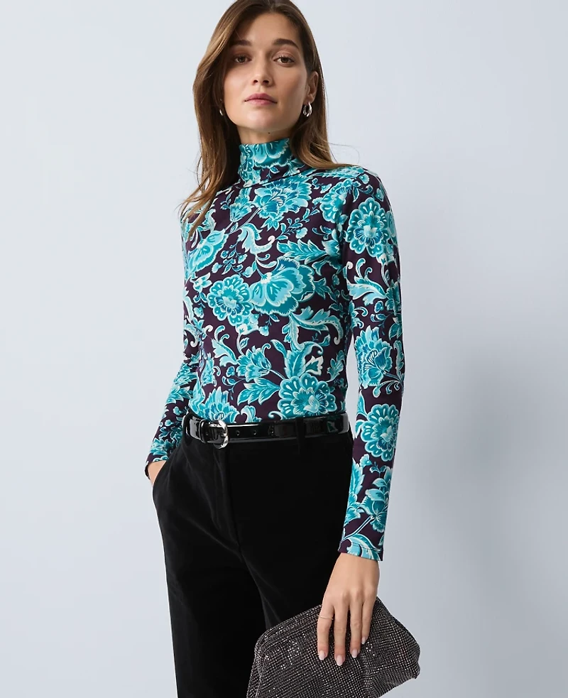Ann Taylor Floral Turtleneck Top Aubergine Dream Women's