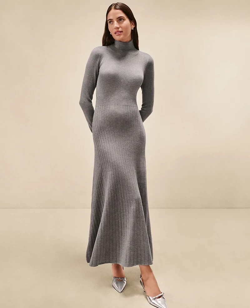Ann Taylor Petite Ribbed Turtleneck Sweater Dress Medium Heather Grey Women's