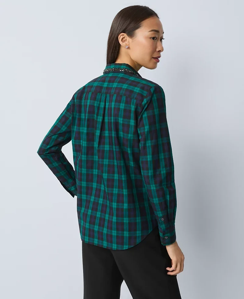 Ann Taylor Embellished Plaid Relaxed Perfect Shirt Rainforest Women's