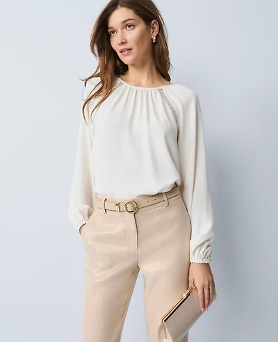 Ann Taylor Lace Trim Mixed Media Blouse Winter White Women's