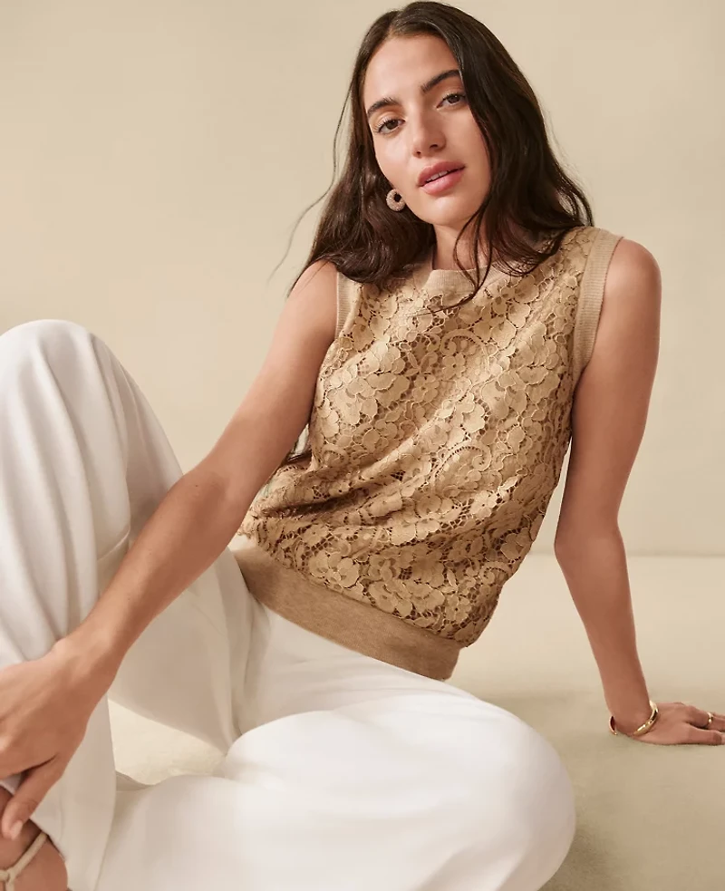 Ann Taylor Petite Lace Sweater Shell Top Camel Melange Women's