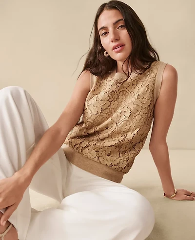 Ann Taylor Petite Lace Sweater Shell Top Camel Melange Women's