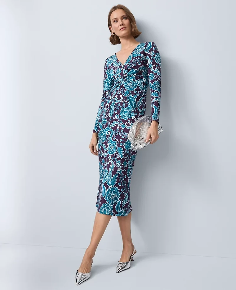 Ann Taylor Petite Floral V-Neck Knit Dress Aubergine Dream Women's
