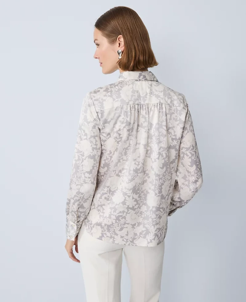 Ann Taylor Floral Satin Button Down Shirt Magnesium Women's