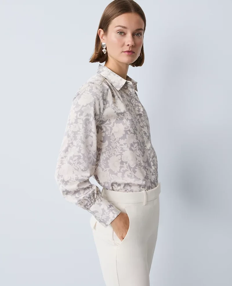 Ann Taylor Floral Satin Button Down Shirt Magnesium Women's