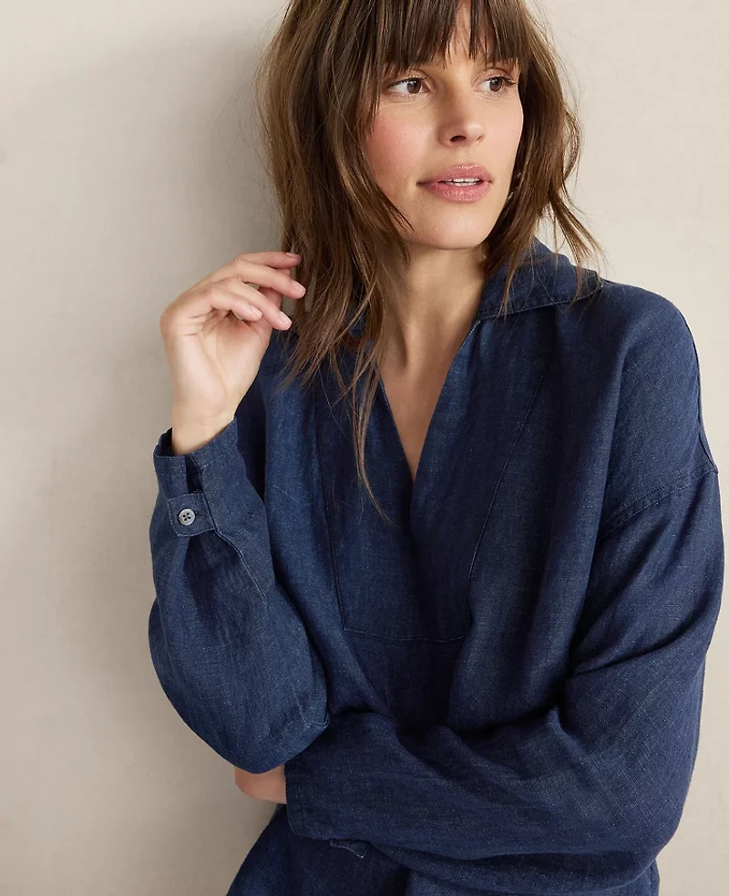 Ann Taylor Haven Well Within Linen Collared Long Sleeve Top Night Navy Women's