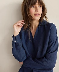 Ann Taylor Haven Well Within Linen Collared Long Sleeve Top Night Navy Women's