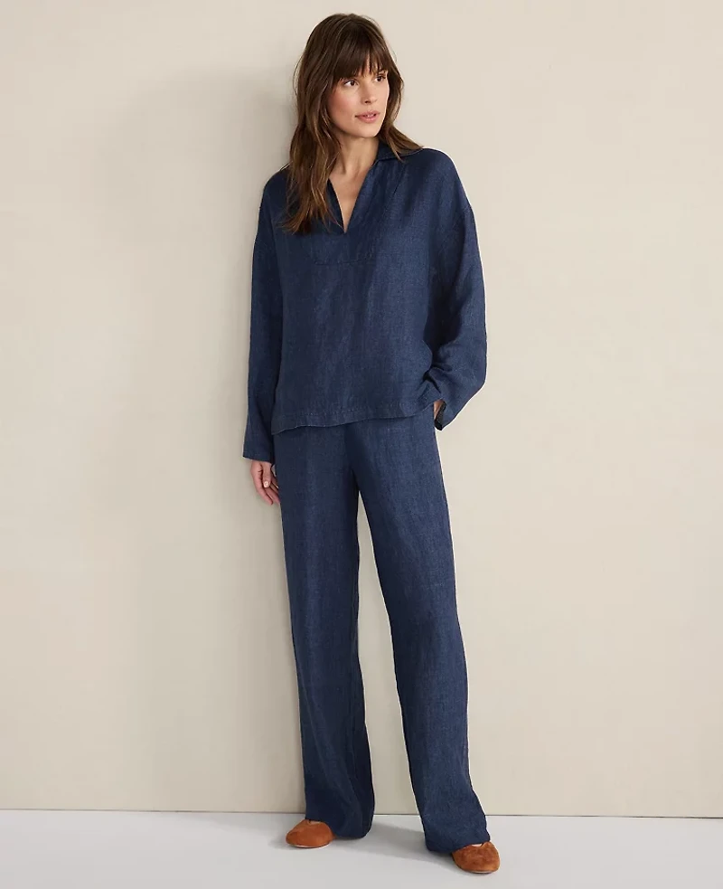 Ann Taylor Haven Well Within Linen Collared Long Sleeve Top Night Navy Women's