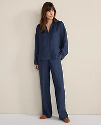 Ann Taylor Haven Well Within Linen Collared Long Sleeve Top Night Navy Women's