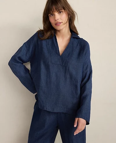 Ann Taylor Haven Well Within Linen Collared Long Sleeve Top Night Navy Women's