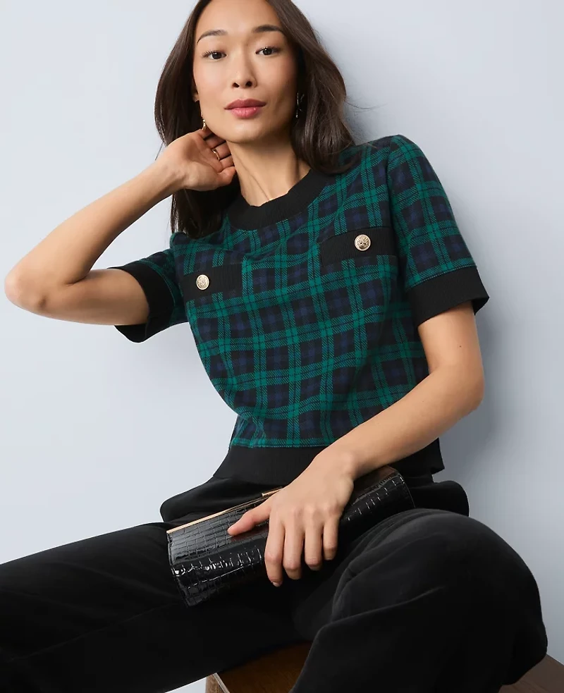 Ann Taylor Petite Plaid Sweater Trim Top Pure Sapphire Women's