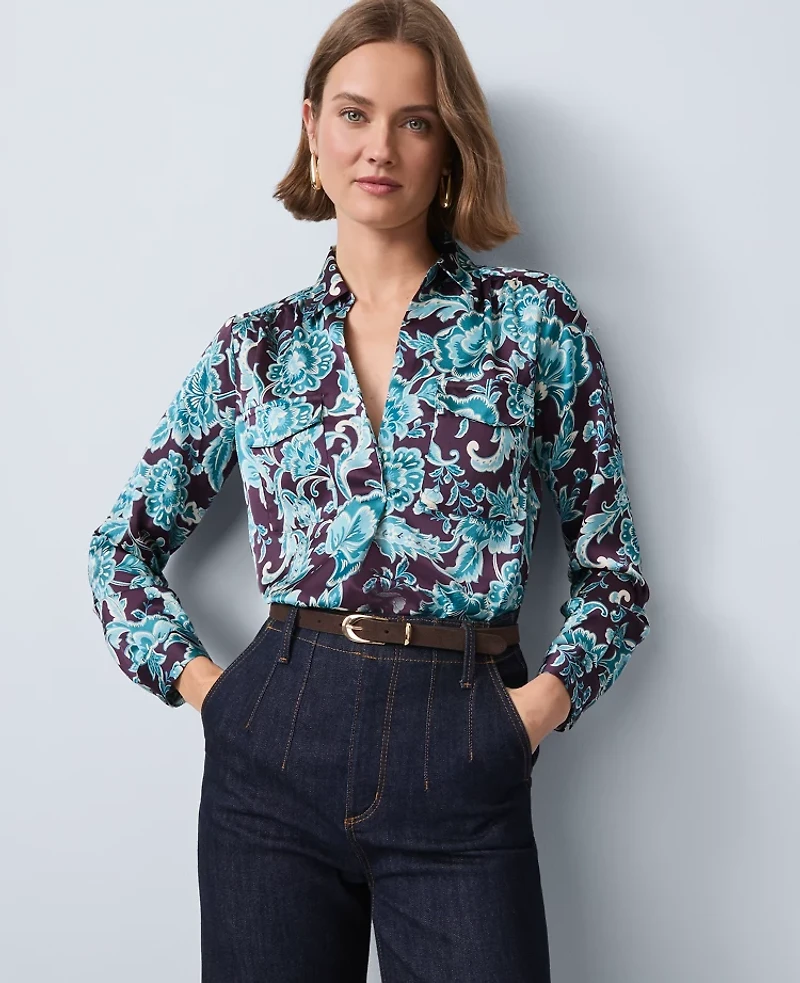 Ann Taylor Floral Camp Shirt Aubergine Dream Women's