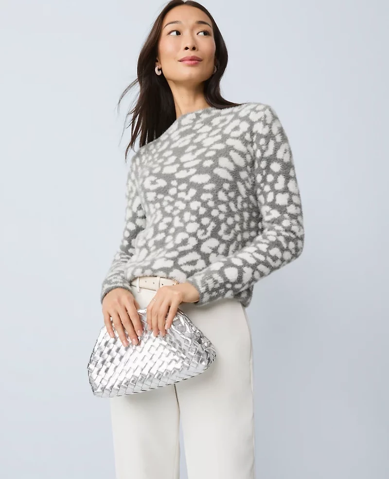 Ann Taylor Petite Leopard Print Sweater Medium Heather Grey Women's