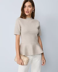 Ann Taylor Metallic Peplum Top Pale Sand Heather Women's