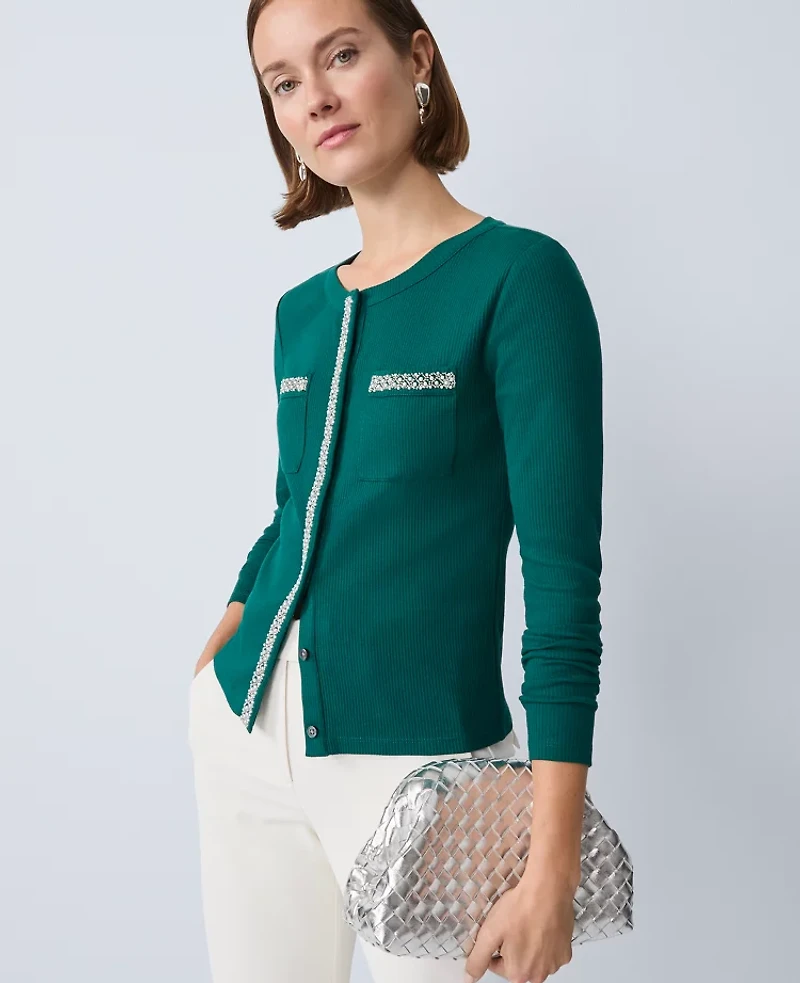 Ann Taylor Petite Pearl Trim Jacket Rainforest Women's