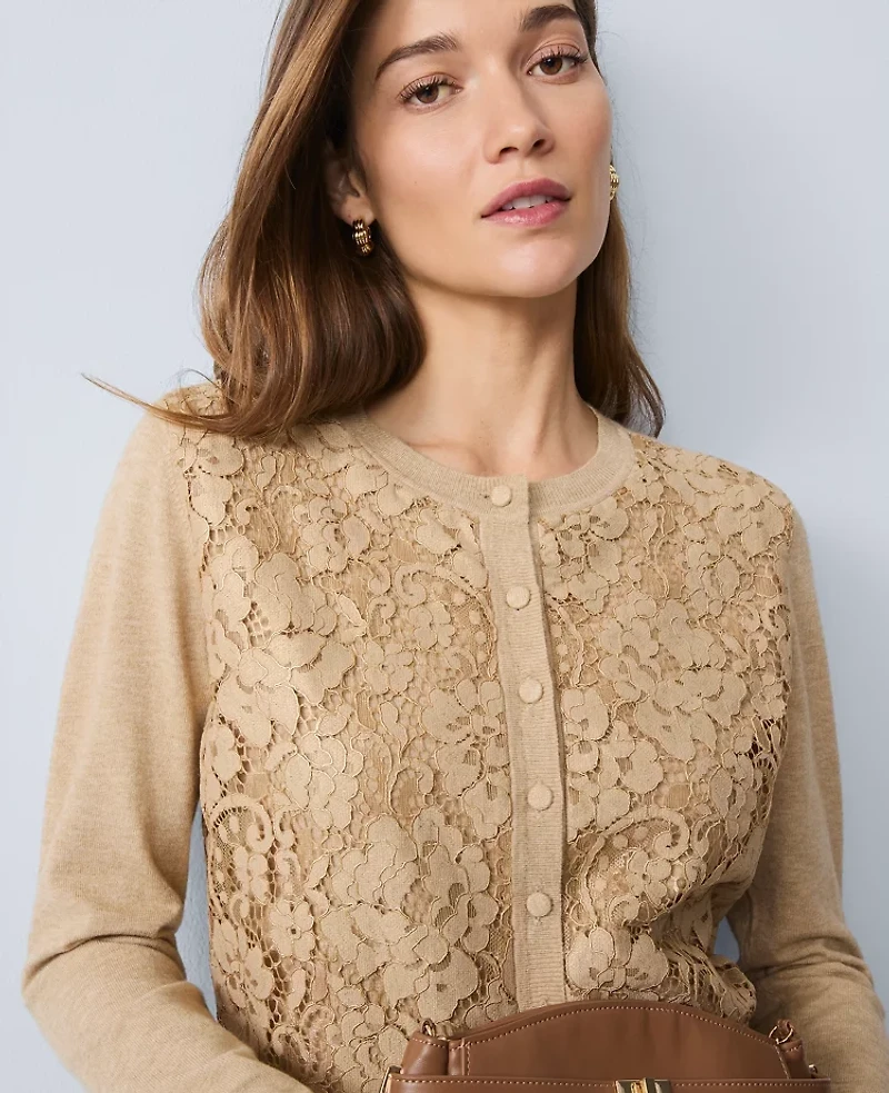 Ann Taylor Petite Lace Cardigan Camel Melange Women's