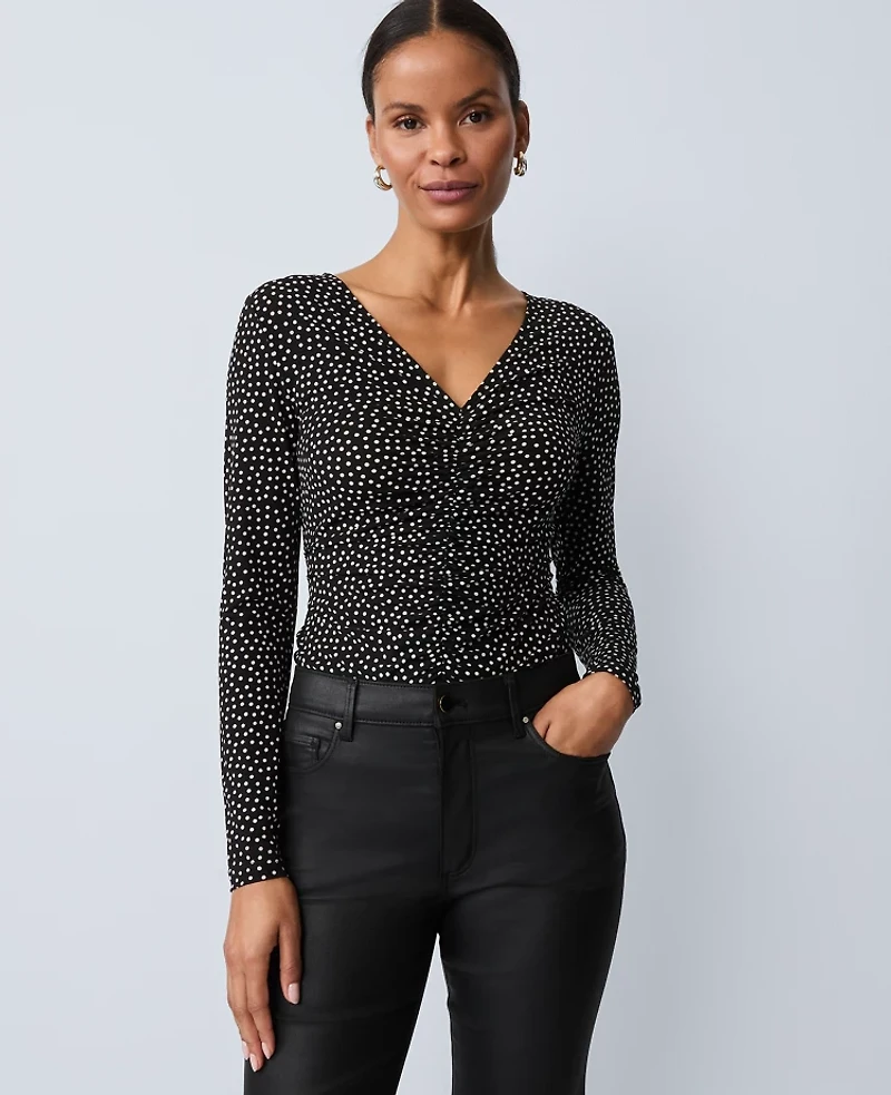 Ann Taylor Petite Dotted V-Neck Top Black Women's