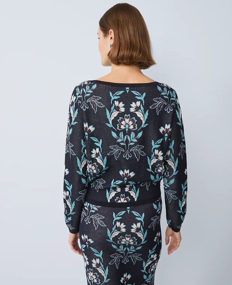 Ann Taylor Petite Floral Jacquard Boatneck Sweater Night Sky Women's
