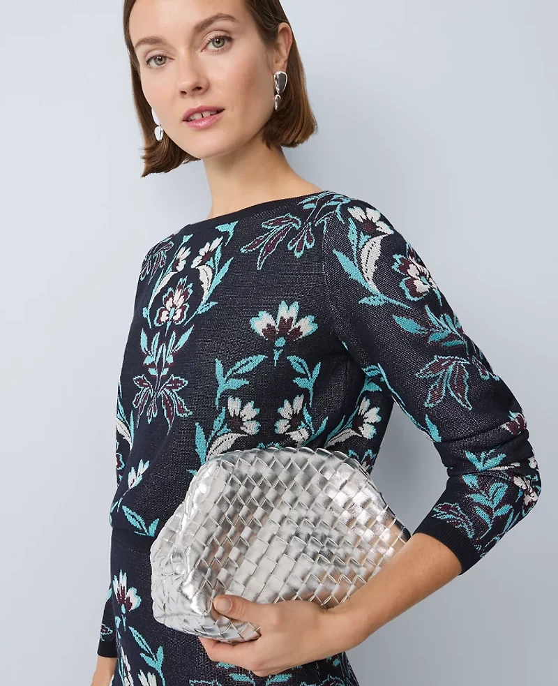Ann Taylor Petite Floral Jacquard Boatneck Sweater Night Sky Women's