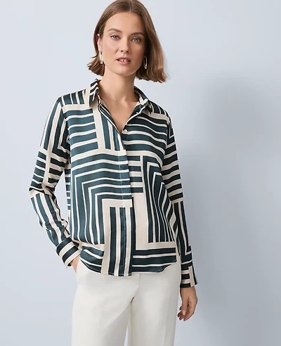 Ann Taylor Geo Satin Essential Shirt Ponderosa Pine Women's