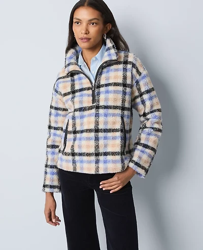 Ann Taylor Weekend Collection Plaid Sherpa Pullover Peaceful Periwinkle Women's