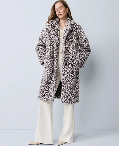 Ann Taylor Petite Animal Print Faux Fur Coat Chrome Women's