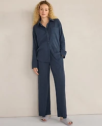 Ann Taylor Haven Well Within Organic Cotton Rib Knit Relaxed Button Down Top Twilight Navy Women's