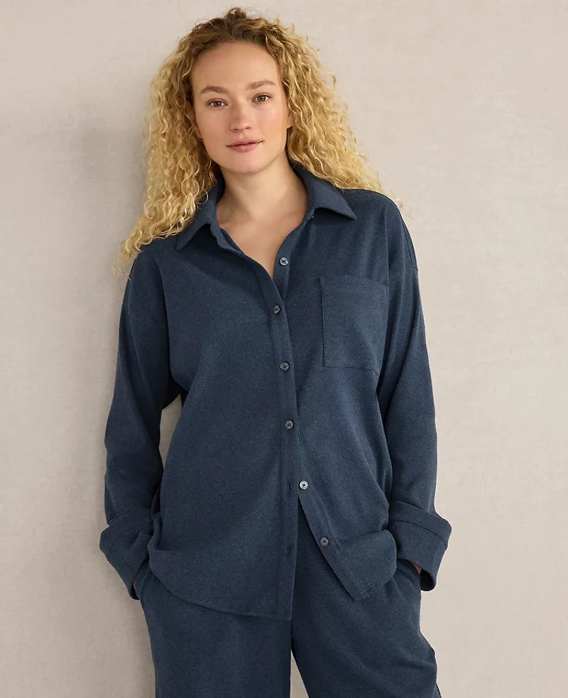 Ann Taylor Haven Well Within Organic Cotton Rib Knit Relaxed Button Down Top Twilight Navy Women's