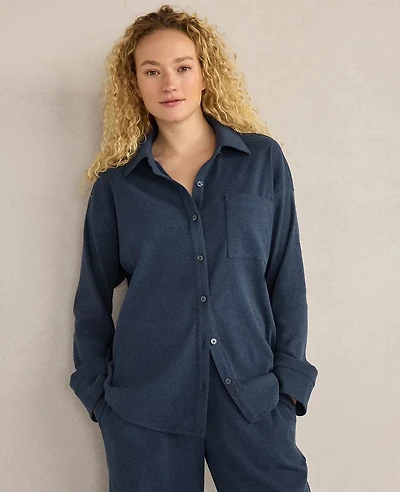 Ann Taylor Haven Well Within Organic Cotton Rib Knit Relaxed Button Down Top Twilight Navy Women's