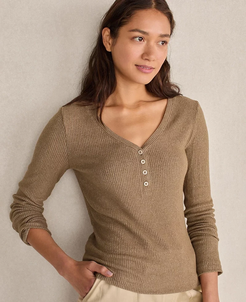 Ann Taylor Haven Well Within Brushed Rib Knit Long Sleeve Henley Driftwood Women's