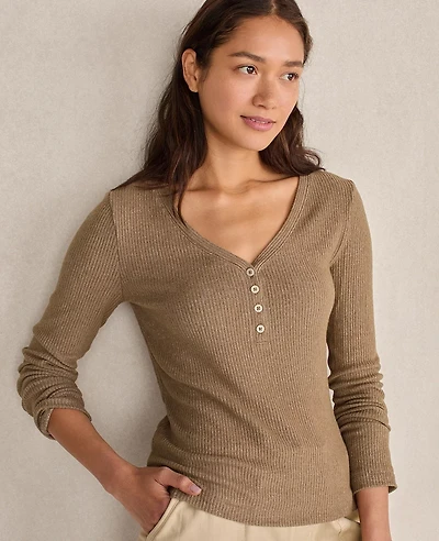 Ann Taylor Haven Well Within Brushed Rib Knit Long Sleeve Henley Driftwood Women's