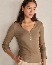 Ann Taylor Haven Well Within Brushed Rib Knit Long Sleeve Henley Driftwood Women's