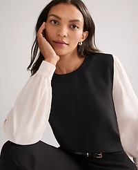 Ann Taylor Petite Colorblock Crew Neck Blouse Black Women's
