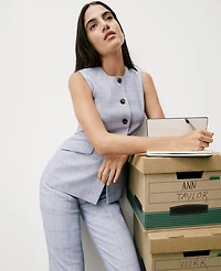 Ann Taylor The Long Crew Neck Vest Plaid Blue/White Combo Women's