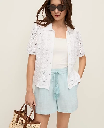 Ann Taylor Pointelle Short Sleeve Cardigan Women's