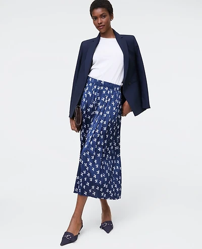 Ann Taylor Petite Floral Satin Pleated Midi Skirt Indigo Dusk Women's