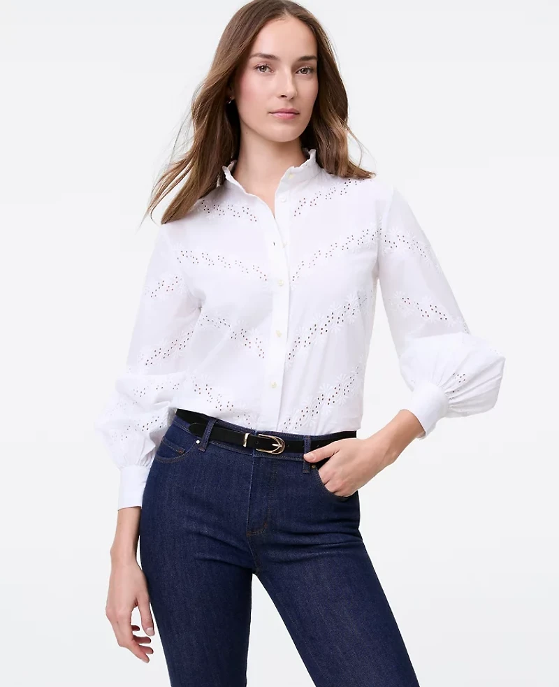 Ann Taylor Petite Weekend Eyelet Ruffle Collar Shirt Women's
